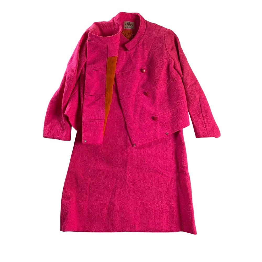 Vintage 1960s Lanz Original Hot Pink Boucle Mod Dress Jacket 2 Piece Set